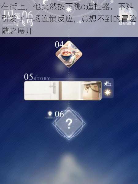在街上,他突然按下跳d遥控器,不料引发了一场连锁反应,意想不到的冒险随之展开