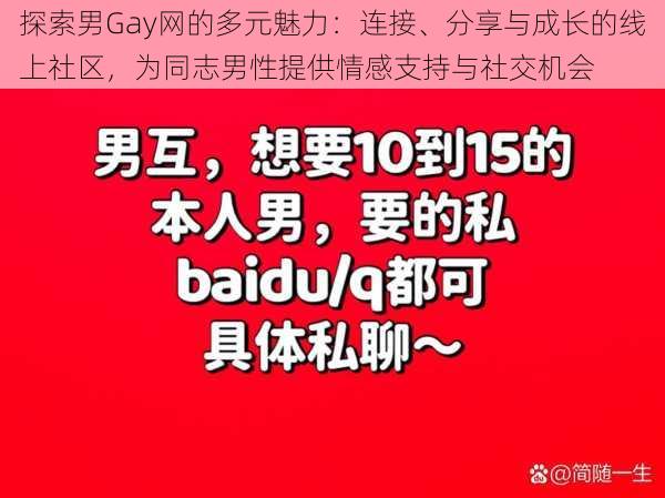 探索男Gay网的多元魅力:连接、分享与成长的线上社区,为同志男性提供情感支持与社交机会