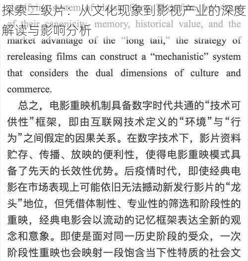探索二级片:从文化现象到影视产业的深度解读与影响分析