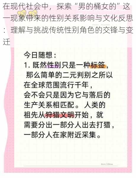 在现代社会中,探索“男的桶女的”这一现象带来的性别关系影响与文化反思:理解与挑战传统性别角色的交锋与变迁