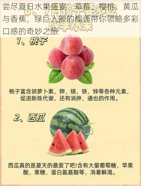 尝尽夏日水果盛宴：草莓、樱桃、黄瓜与香蕉，绿巨人般的榴莲带你领略多彩口感的奇妙之旅