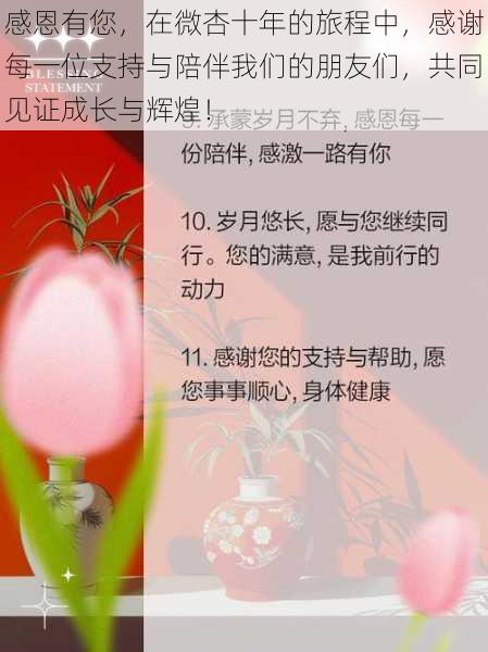感恩有您,在微杏十年的旅程中,感谢每一位支持与陪伴我们的朋友们,共同见证成长与辉煌!