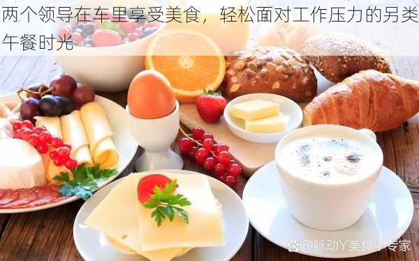 两个领导在车里享受美食，轻松面对工作压力的另类午餐时光